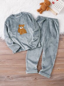 Tween Boy Bear Embroidery Warm Top And Pants Loungewear Night Grey Autumn Cute - Blue - View 2