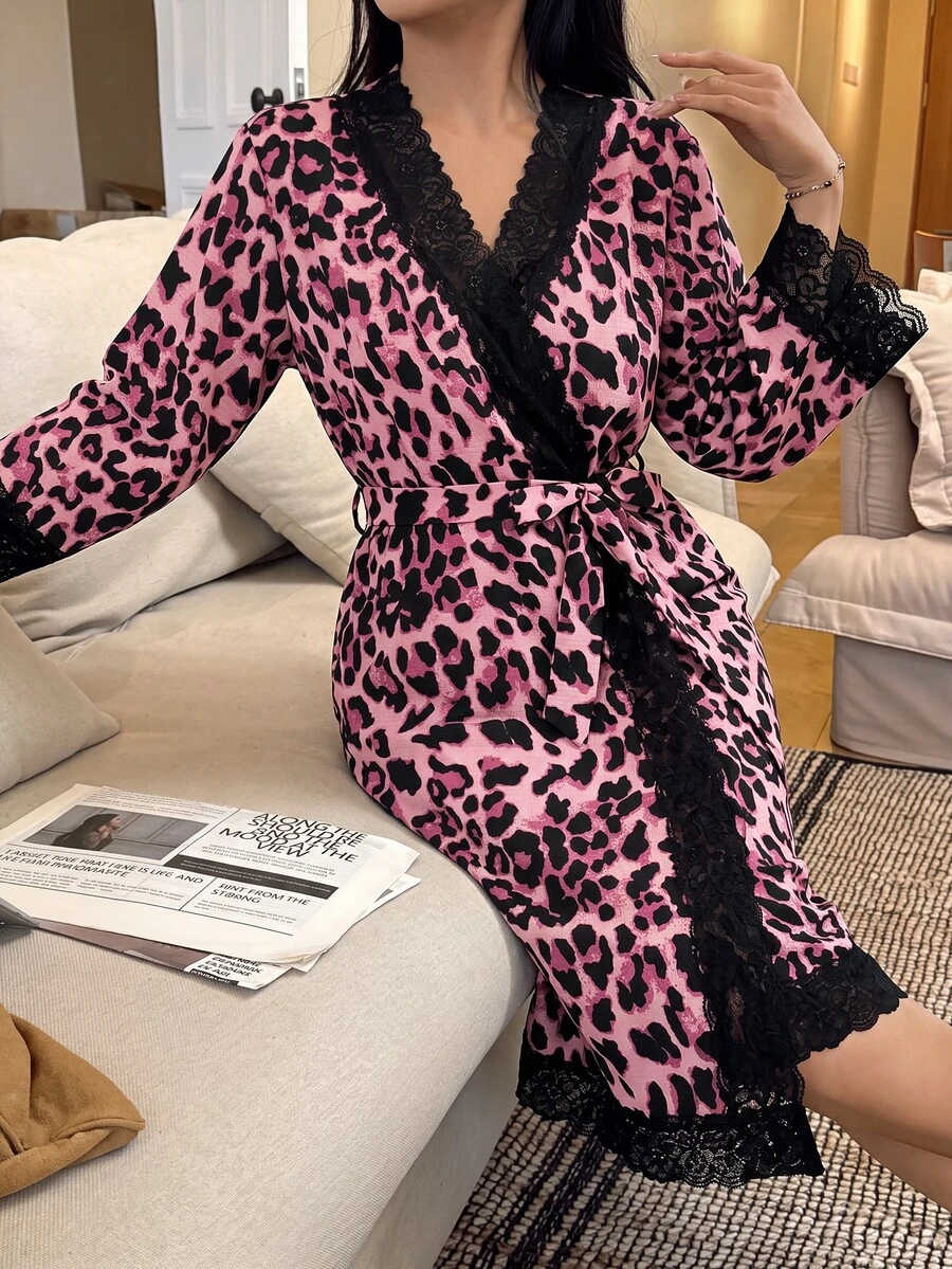 SHEIN 豹紋對比蕾絲V領女款睡裙 - 彩色 - 查看 1