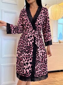 SHEIN 豹紋對比蕾絲V領女款睡裙 - 彩色 - 查看 4