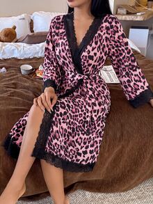 SHEIN 豹紋對比蕾絲V領女款睡裙 - 彩色 - 查看 6