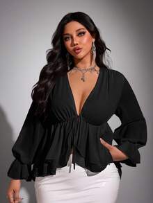 Viva Relle Plus Size Chiffon Sexy Bow Blouse Fall - Black - View 1