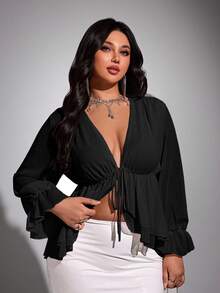 Viva Relle Plus Size Chiffon Sexy Bow Blouse Fall - Black - View 2