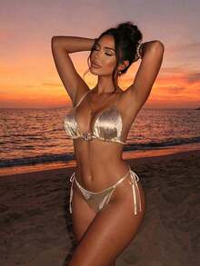 SHEIN Swim 2 Stück/Set goldfarbener strukturierter Stoff Schlangen Strass Dekor Dreieck BH und Seiten-Binde String Bikini Bademode Set, sexy Damen Bademode für Frühling/Sommer Urlaub - Verschiedenfarbig - Übersicht 8