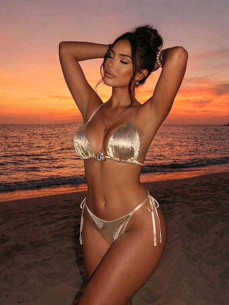 Swim SXY 2pcs/Set Women Gold Textured Snake Rhinestone Triangle Bikini,Side Tie Thong Swimwear,Beige,Summer,Casual,Beach,Holiday,Vacation,Shiny Bathing Suit - Multicolor - View 8