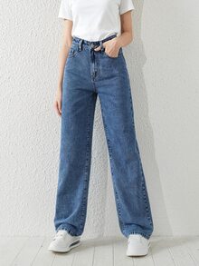 SHEIN Teen Girl Simple Versatile Blue Washed Denim Straight Leg Jeans Summer Holiday Autumn Fall - Medium Wash - View 5