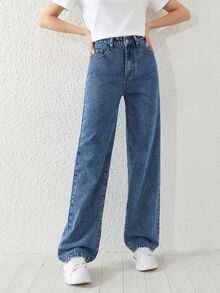 SHEIN Teen Girl Simple Versatile Blue Washed Denim Straight Leg Jeans Summer Holiday Autumn Fall - Medium Wash - View 1