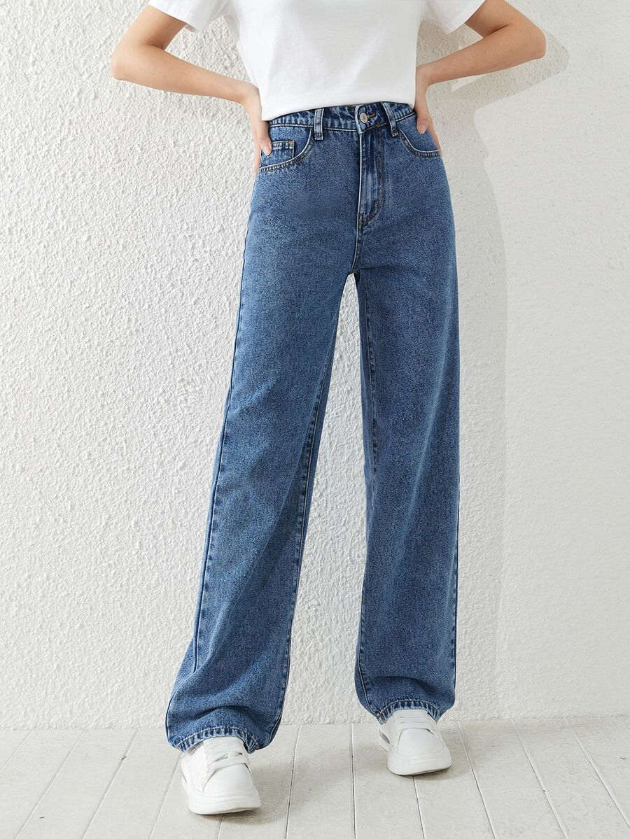 SHEIN Teen Girl Simple Versatile Blue Washed Denim Straight Leg Jeans Summer Holiday Autumn Fall - Medium Wash - View 1