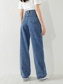 SHEIN Teen Girl Simple Versatile Blue Washed Denim Straight Leg Jeans Summer Holiday Autumn Fall - Medium Wash - View 2