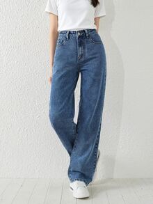 SHEIN Teen Girl Simple Versatile Blue Washed Denim Straight Leg Jeans Summer Holiday Autumn Fall - Medium Wash - View 4