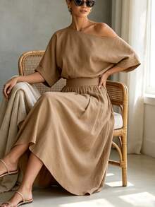 SHEIN Holidaya Women's Long Asymmetrical Shoulder A-Line Dress, Summer Vacation Shades Of Brown Casual Minimalist - Khaki - View 7