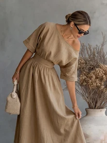 SHEIN Holidaya Women's Long Asymmetrical Shoulder A-Line Dress, Summer Vacation Shades Of Brown Casual Minimalist - Khaki - View 6