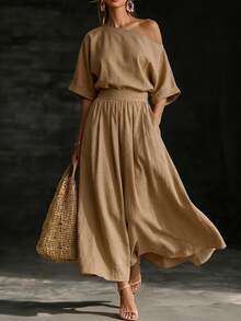 SHEIN Holidaya Women's Long Asymmetrical Shoulder A-Line Dress, Summer Vacation Shades Of Brown Casual Minimalist - Khaki - View 2