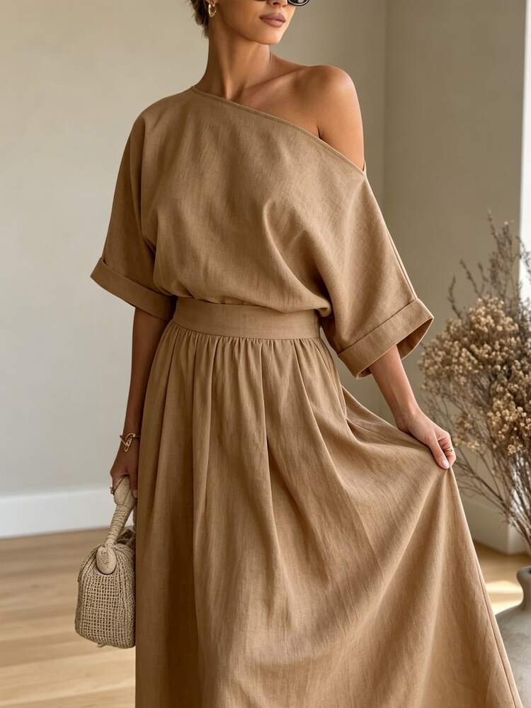 SHEIN Holidaya Women's Long Asymmetrical Shoulder A-Line Dress, Autumn/Winter - Khaki - View 3
