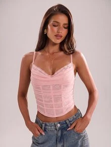 SHEIN BAE Damen Camisole Top im französischen süßen Stil mit Schaleneinsatz, Spitzen-Patchwork und eingearbeiteten Stäben, figurbetont - Pink - Übersicht 4