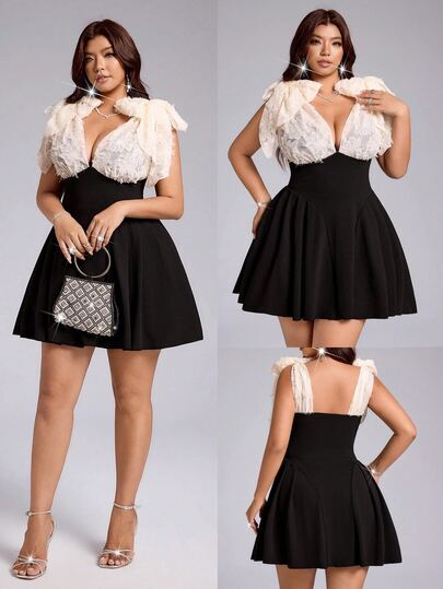 Viva Relle Women's Plus Size Elegant Colorblock Design Deep V-Neck Shoulder Mesh Tie Bow A-Line Dress, Party Gathering Night Date Romantic Date Fashion Versatile Outing