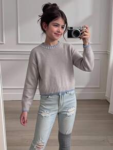 SHEIN 女童秋冬時尚極簡厚針織長袖上衣 - 淺灰色 - 查看 1