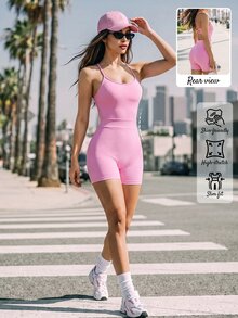 SHEIN Sovereign Charm 女款簡約休閒運動連身褲街頭風 - 粉色 - 查看 8
