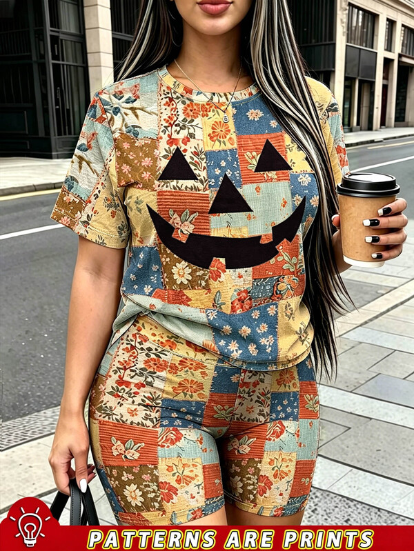 Rovax Setelan 2 Potong Ukuran Plus Wanita, Atasan Lengan Pendek dan Celana Pendek. Desain Patchwork Vintage dengan Cetakan Digital . Cocok untuk Halloween, Kasual.