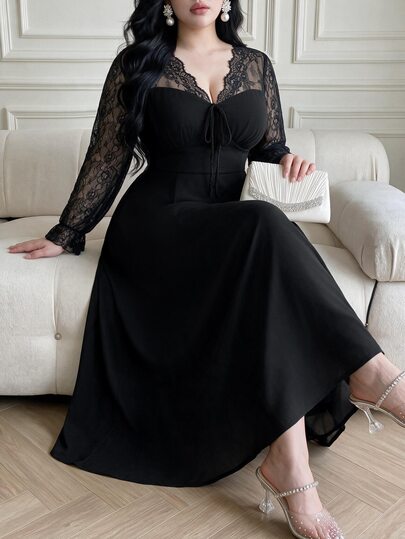 Vibekara Plus Size Elegant Lace Patchwork Long Sleeve Dress Fall