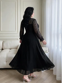 Vibekara Plus Size Elegant Lace Patchwork Long Sleeve Dress - Black - View 2
