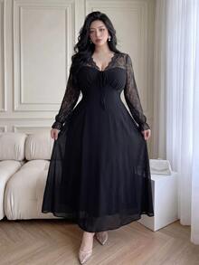 Vibekara Plus Size Elegant Lace Patchwork Long Sleeve Dress - Black - View 1