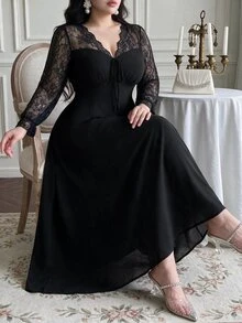 Vibekara Plus Size Elegant Lace Patchwork Long Sleeve Dress - Black - View 4