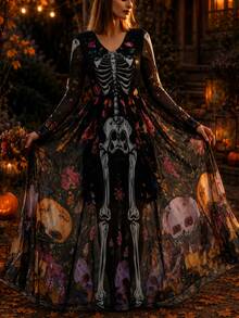 SHEIN LUNE Women's Skull & Floral Print Dress - Multicolor - View 2