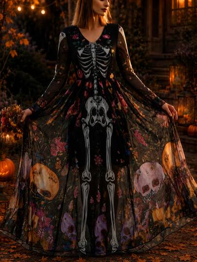 SHEIN LUNE Vestido con estampado de calaveras & flores para mujer