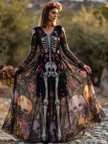SHEIN LUNE Women's Skull & Floral Print Dress - Multicolor - View 4