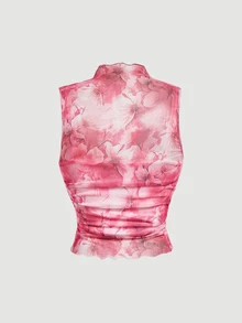 SHEIN MOD Plus Size Vintage Print High Neck Fitted Top, Rose Red, Romantic - Pink - View 2