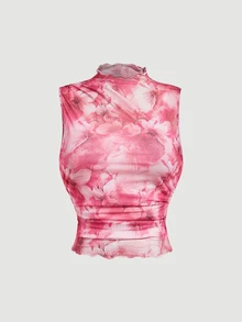 SHEIN MOD Plus Size Vintage Print High Neck Fitted Top, Rose Red, Romantic - Pink - View 3