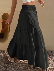 DAZY Women's Lightweight Summer Vacation Solid Color Textured Ruffle Hem Skirt Boho - Black - View 7
