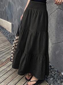 DAZY Women's Lightweight Summer Vacation Solid Color Textured Ruffle Hem Skirt Boho - Black - View 3