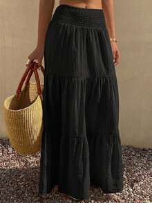 DAZY Women's Lightweight Summer Vacation Solid Color Textured Ruffle Hem Skirt Boho - Black - View 1