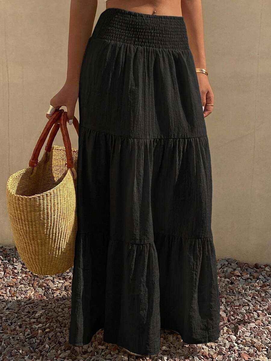 DAZY Women's Lightweight Summer Vacation Solid Color Textured Ruffle Hem Skirt Boho - Black - View 1
