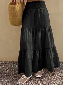 DAZY Women's Lightweight Summer Vacation Solid Color Textured Ruffle Hem Skirt Boho - Black - View 5