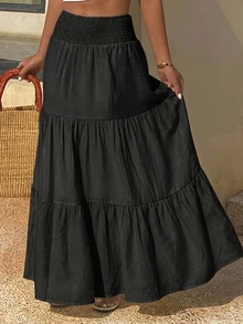 DAZY Women's Lightweight Summer Vacation Solid Color Textured Ruffle Hem Skirt Boho - Black - View 6