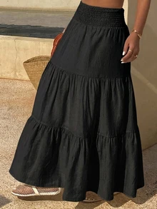 DAZY Women's Lightweight Summer Vacation Solid Color Textured Ruffle Hem Skirt Boho - Black - View 4