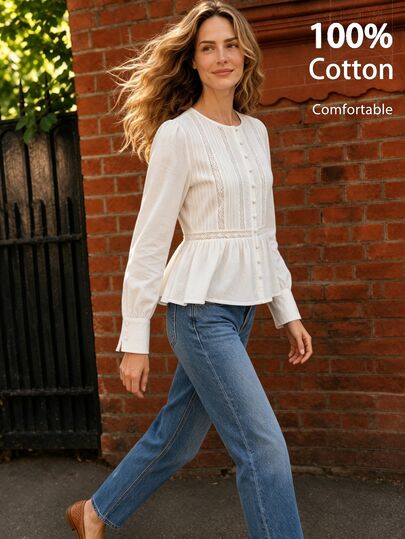 Dayvera Women's 100% Cotton White Lace Hollow Pleated Short Ruffle Hem Cinched Waist Puff Long Sleeve Loose Fashion Elegant Round Neck Mushroom Button Blouse