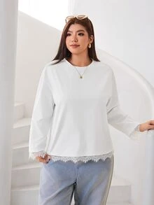 Solflare 大尺碼女款蕾絲拼接休閒百搭日常長袖T恤 - 白色 - 查看 6