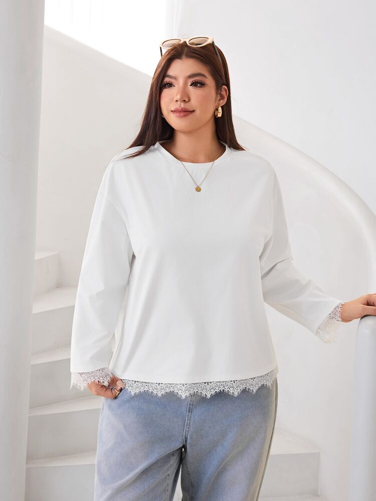 Solflare Plus Size Women's Lace Patchwork Casual Versatile Everyday Long Sleeve T-Shirt - White - View 5