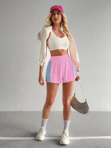 SHEIN Sovereign Charm Women's Elastic Waist Colorblock Casual Versatile Daily Travel Sports Shorts - Pink - View 9