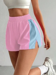 SHEIN Sovereign Charm Women's Elastic Waist Colorblock Casual Versatile Daily Travel Sports Shorts - Pink - View 3