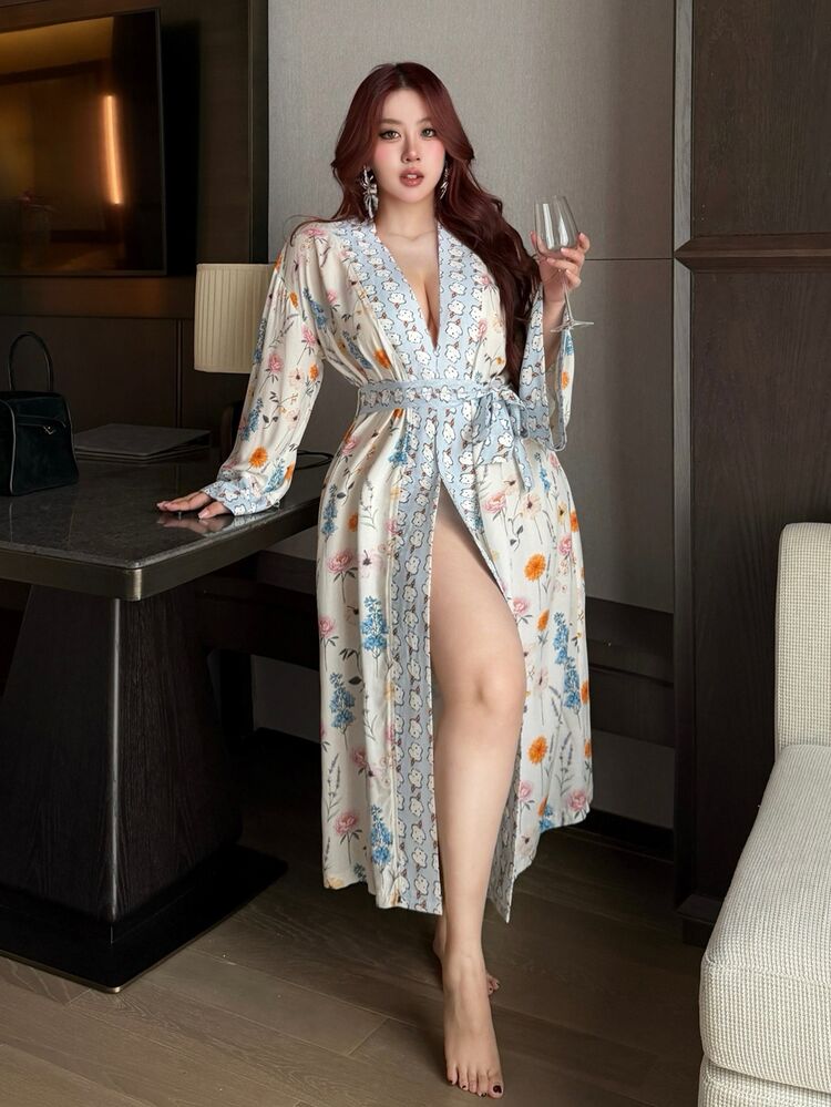 Dazy Plus Floral Print Happy Puppy Patchwork Contrast Loose Plus Size Women Spring/Summer Robe Pajamas - Blue and White - View 5
