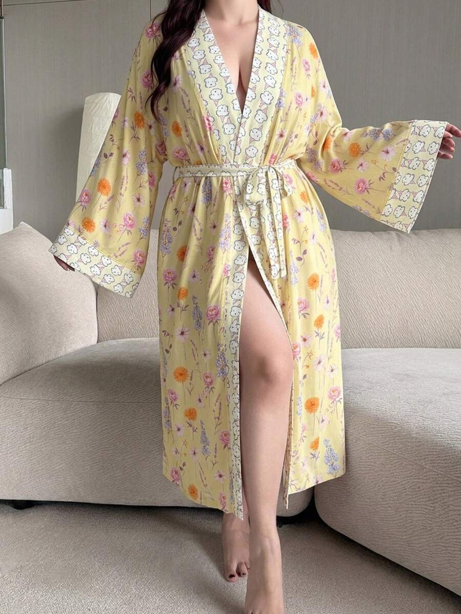 Dazy Plus Floral Print Happy Puppy Pattern Patchwork Contrast Loose Plus Size Women Spring Summer Nightgown - Yellow - View 1