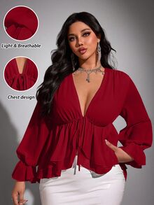 Viva Relle Plus-Size New Year Sexy Solid Color Deep V-Neck Ruffled Hem Sash Long-Sleeve Valentine's Day Shirt Fall - Burgundy - View 7