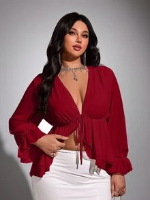 Viva Relle Plus-Size New Year Sexy Solid Color Deep V-Neck Ruffled Hem Sash Long-Sleeve Valentine's Day Shirt Fall - Burgundy - View 2