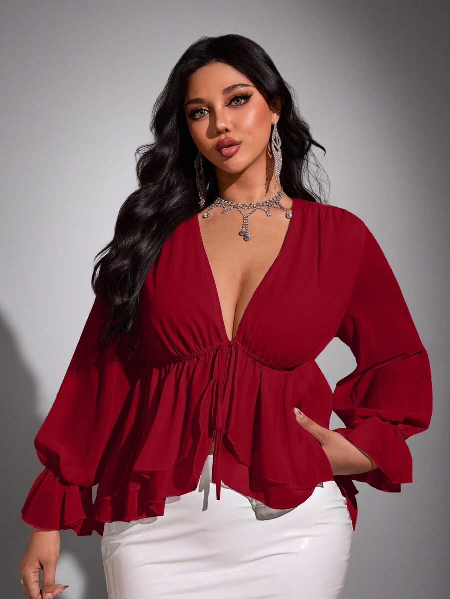 Viva Relle Plus-Size New Year Sexy Solid Color Deep V-Neck Ruffled Hem Sash Long-Sleeve Valentine's Day Shirt Fall - Burgundy - View 1