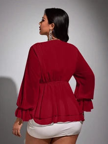 Viva Relle Plus-Size New Year Sexy Solid Color Deep V-Neck Ruffled Hem Sash Long-Sleeve Valentine's Day Shirt Fall - Burgundy - View 5