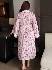 Dazy Plus Floral Print Happy Puppy Pattern Patchwork Contrast Loose Plus Size Women's Spring/Summer Nightgown - Pink - View 5